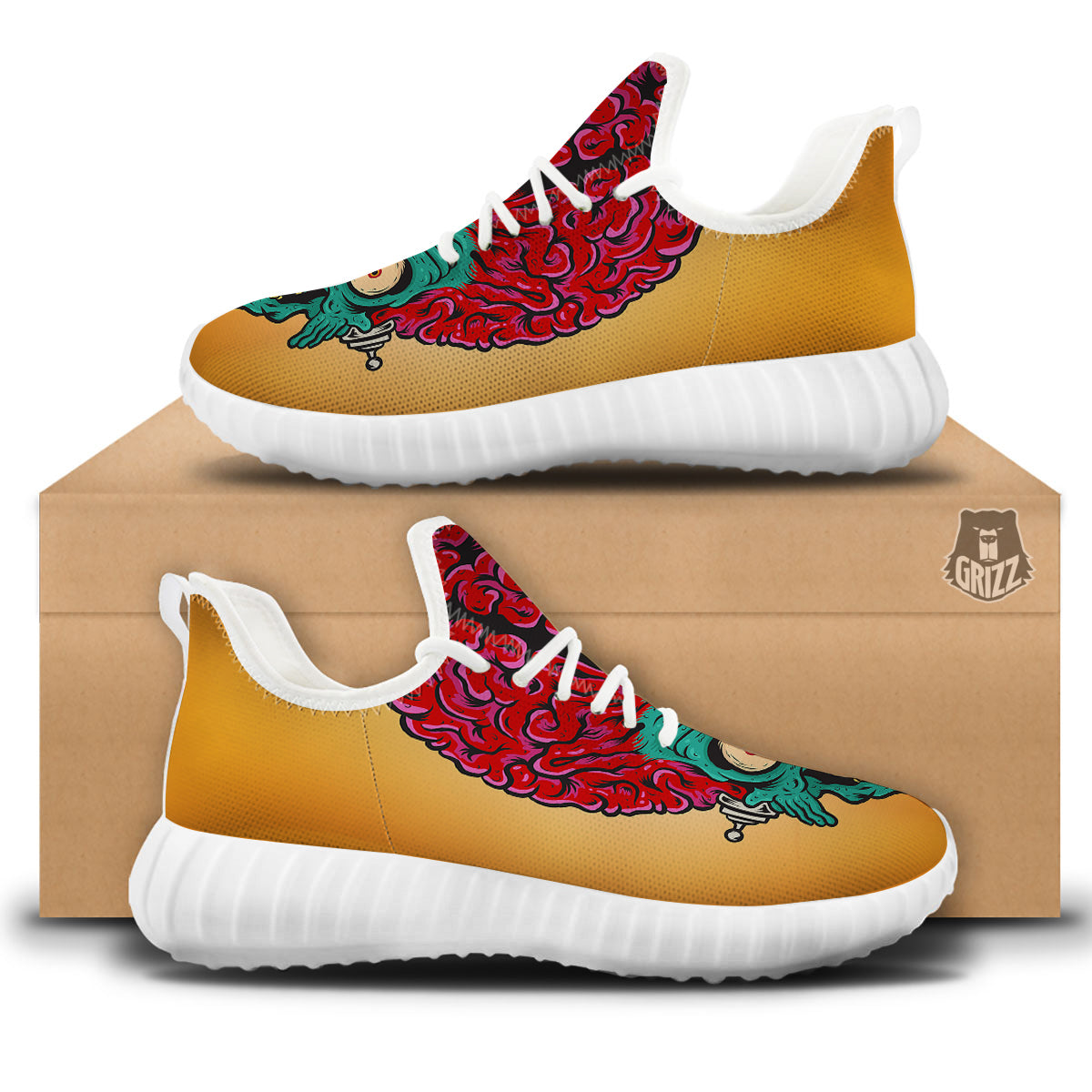Zombie Big Brain Print White Walking Shoes-grizzshop