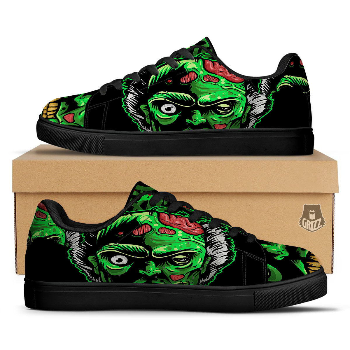 Zombie Brain Halloween Print Black Low Top Sneakers-grizzshop