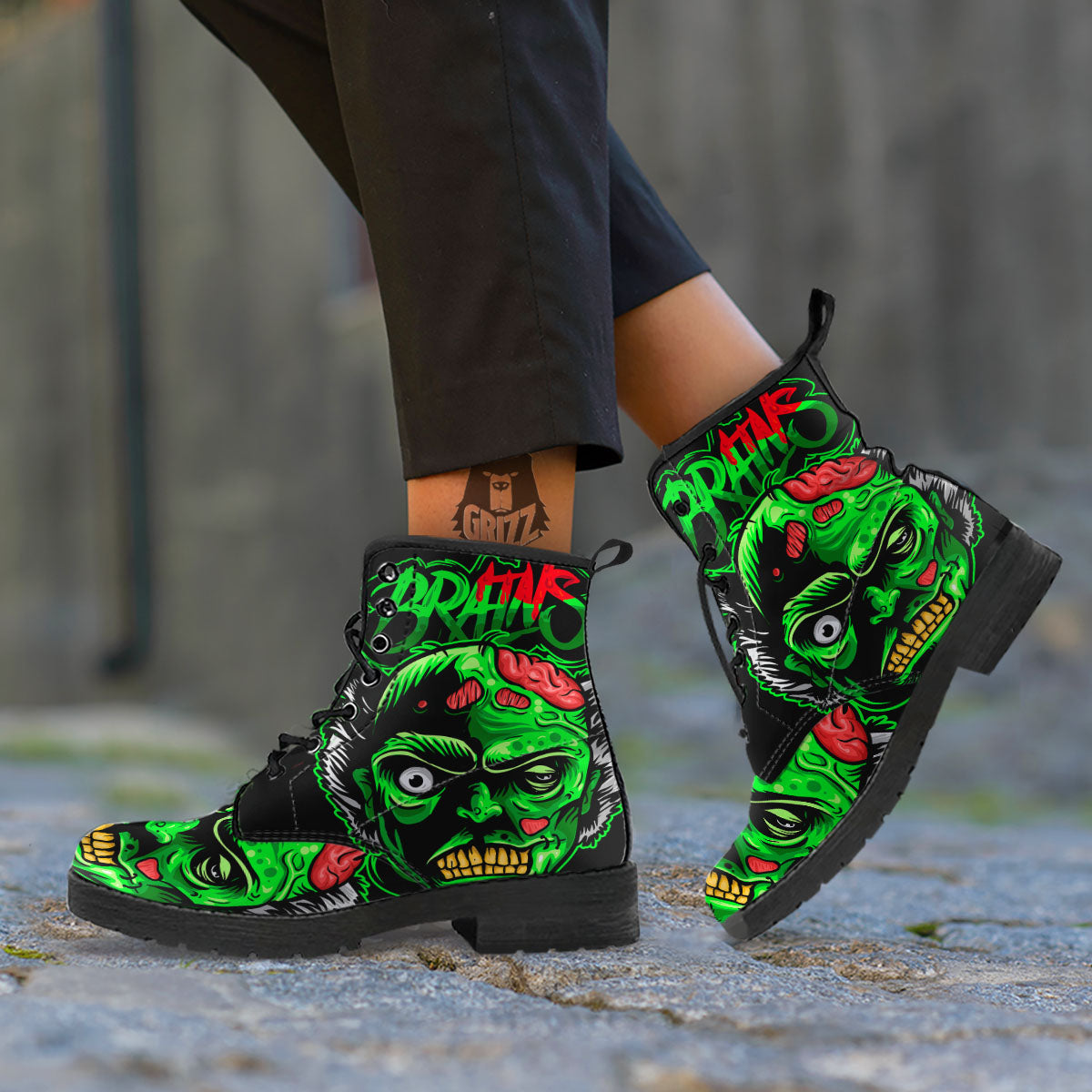 Zombie Brain Halloween Print Leather Boots-grizzshop