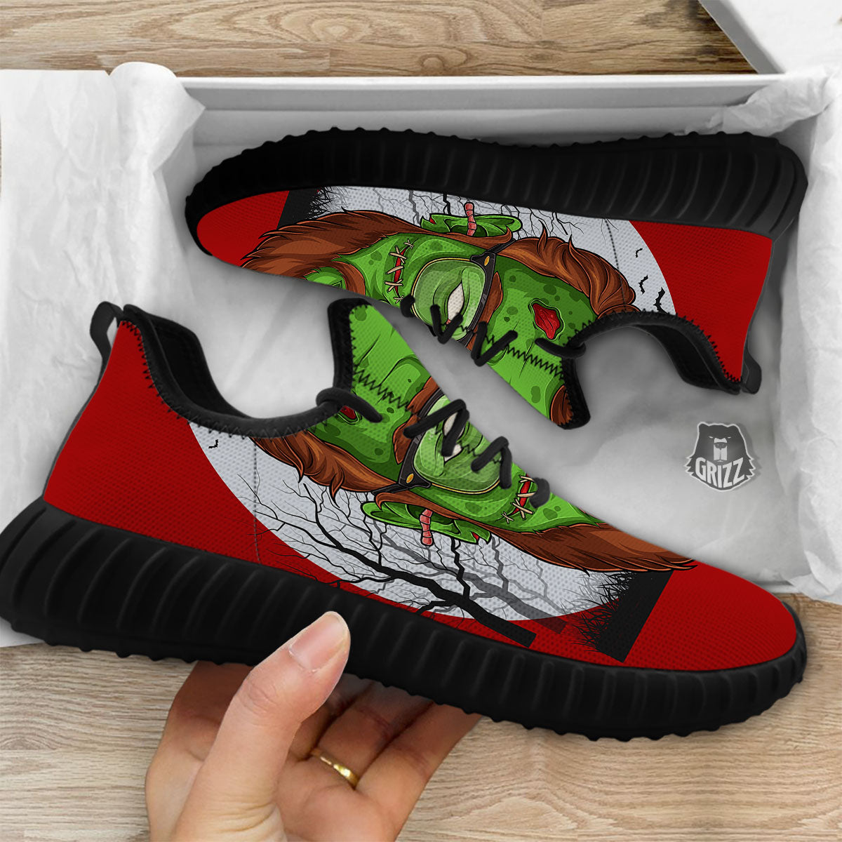 Zombie Face Halloween Character Print Black Walking Shoes-grizzshop