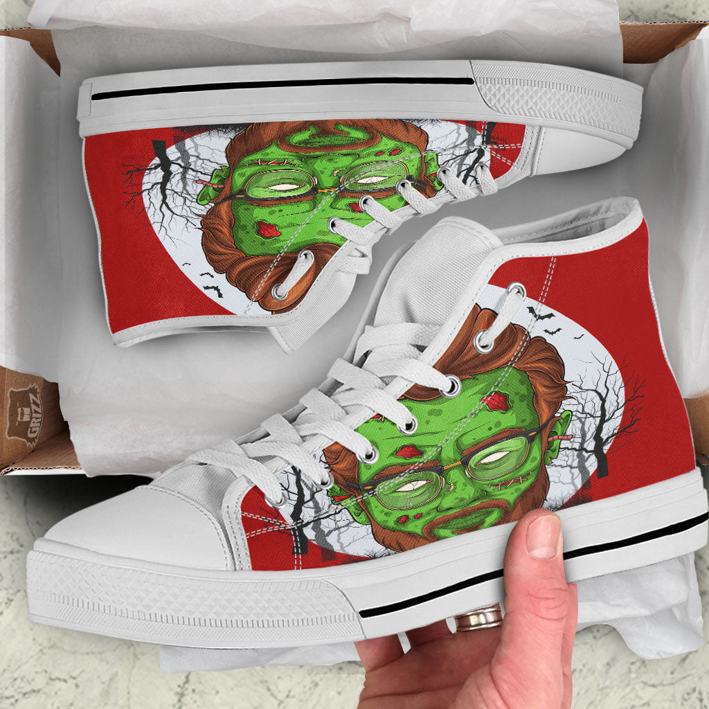 Zombie Face Halloween Character Print White High Top Shoes-grizzshop