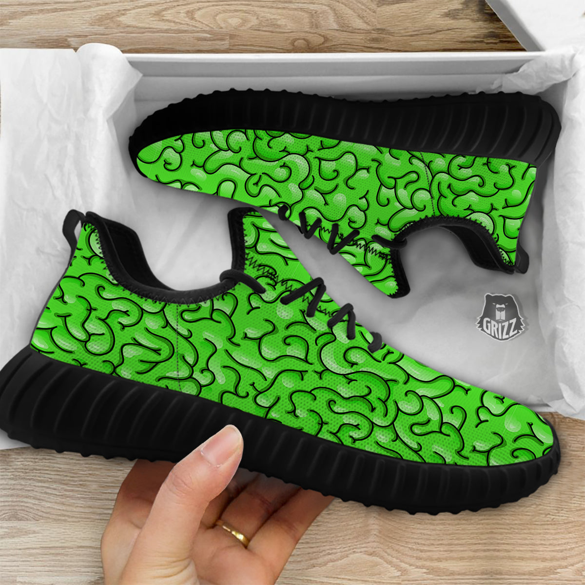 Zombie Green Brain Print Pattern Black Walking Shoes-grizzshop