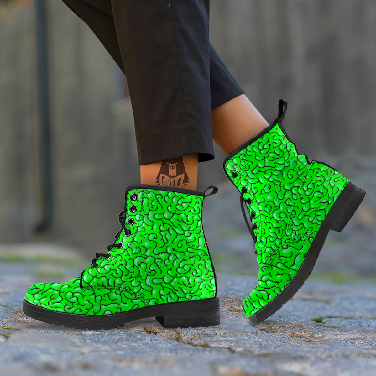 Zombie Green Brain Print Pattern Leather Boots-grizzshop