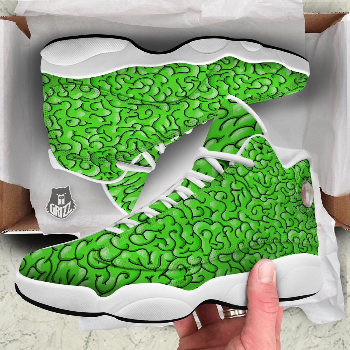 Zombie Green Brain Print Pattern White Basketball Shoes-grizzshop