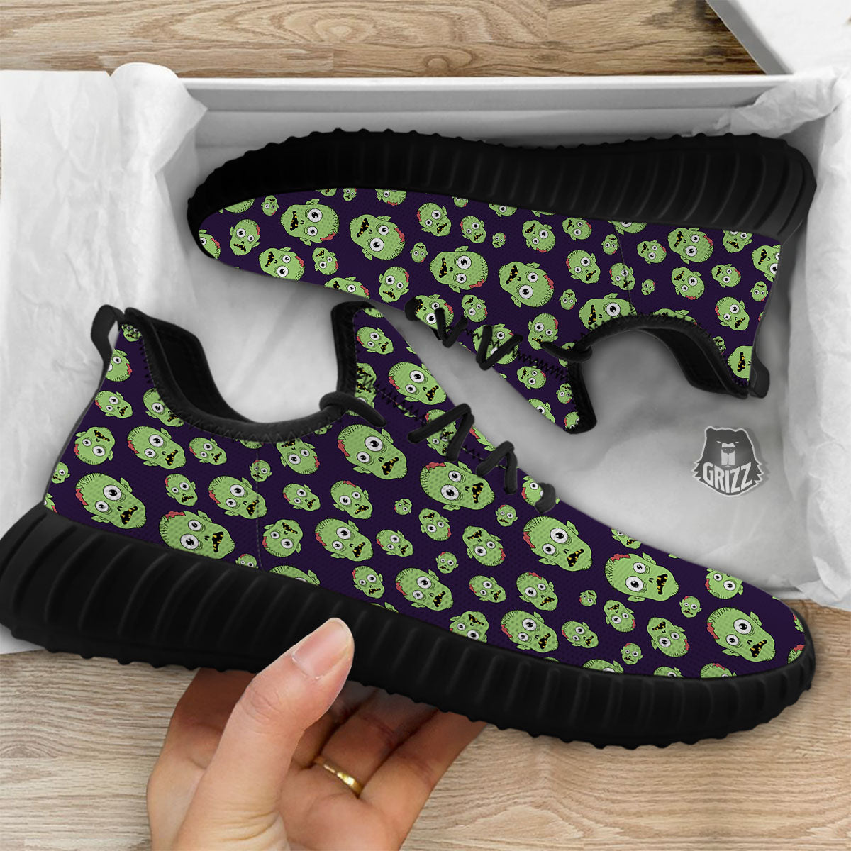 Zombie Green Print Pattern Black Walking Shoes-grizzshop