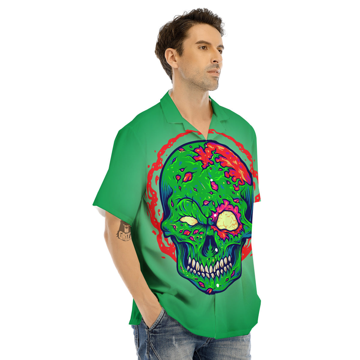 Zombie Halloween Skull Print Men's Hawaiian Shirt-grizzshop