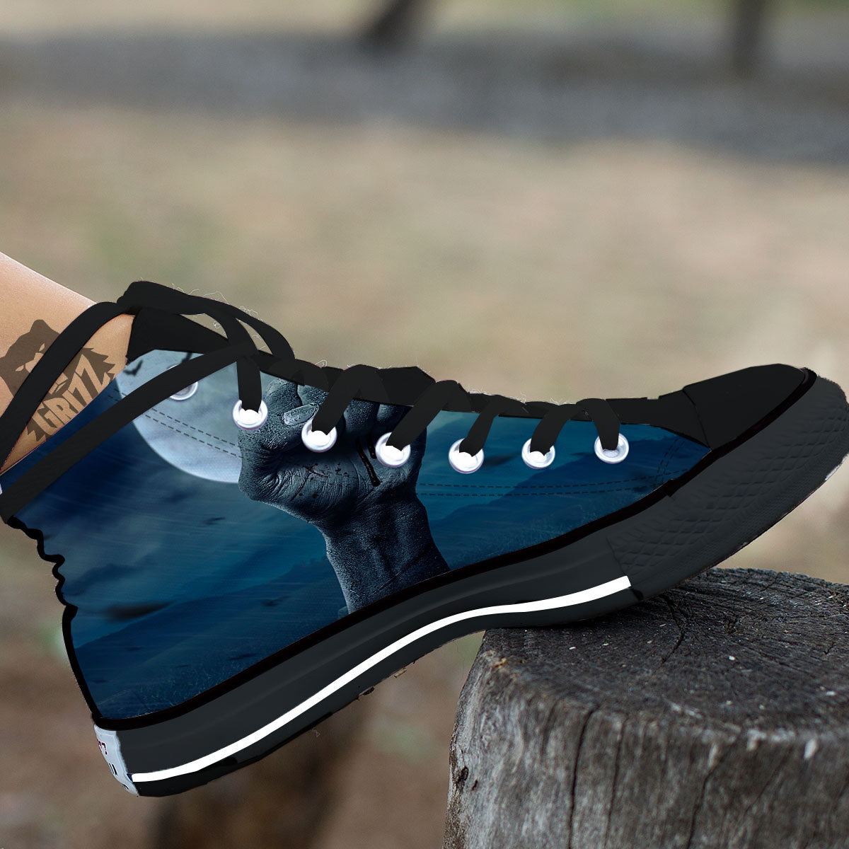 Zombie Hand Rising From Grave Print Black High Top Shoes-grizzshop