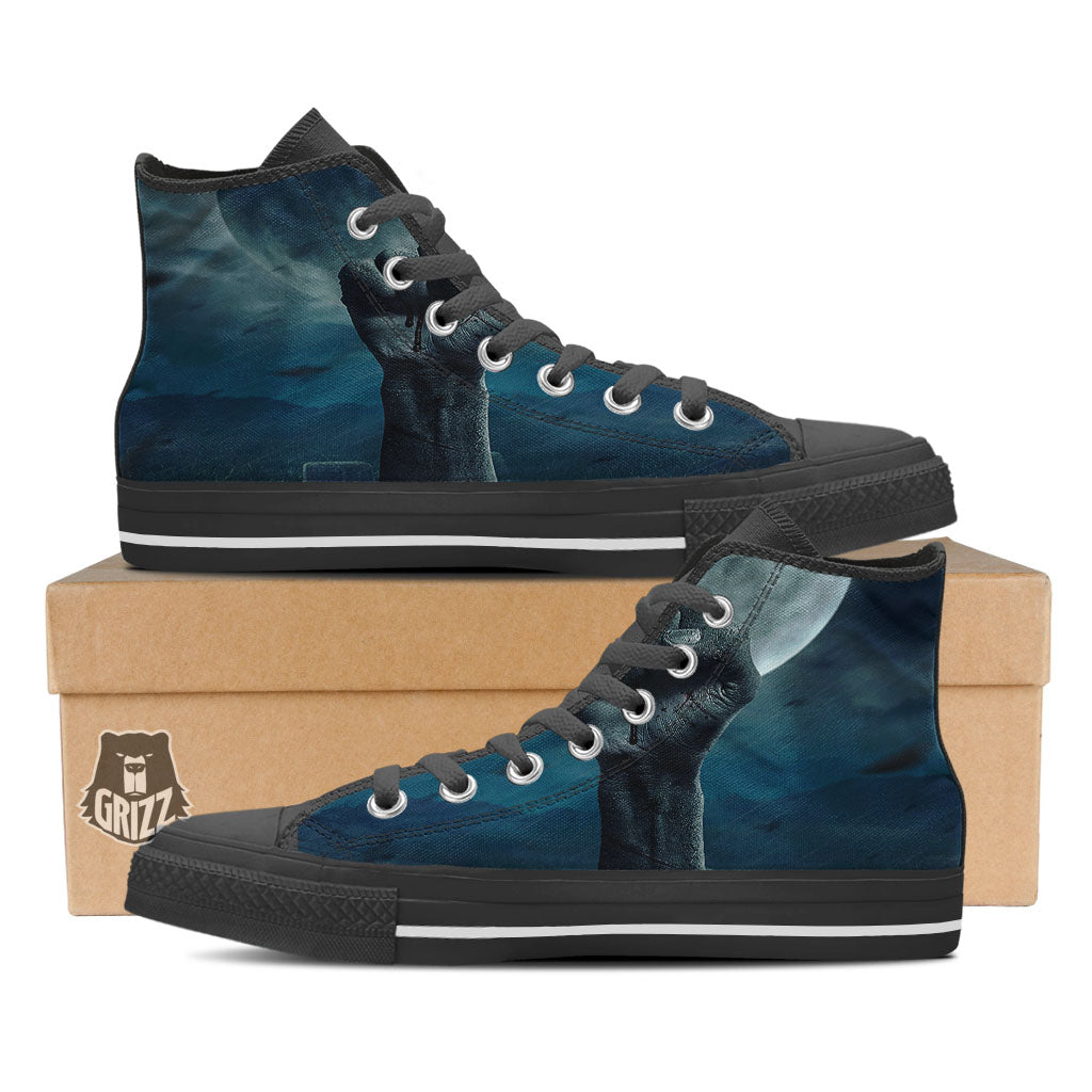 Zombie Hand Rising From Grave Print Black High Top Shoes-grizzshop