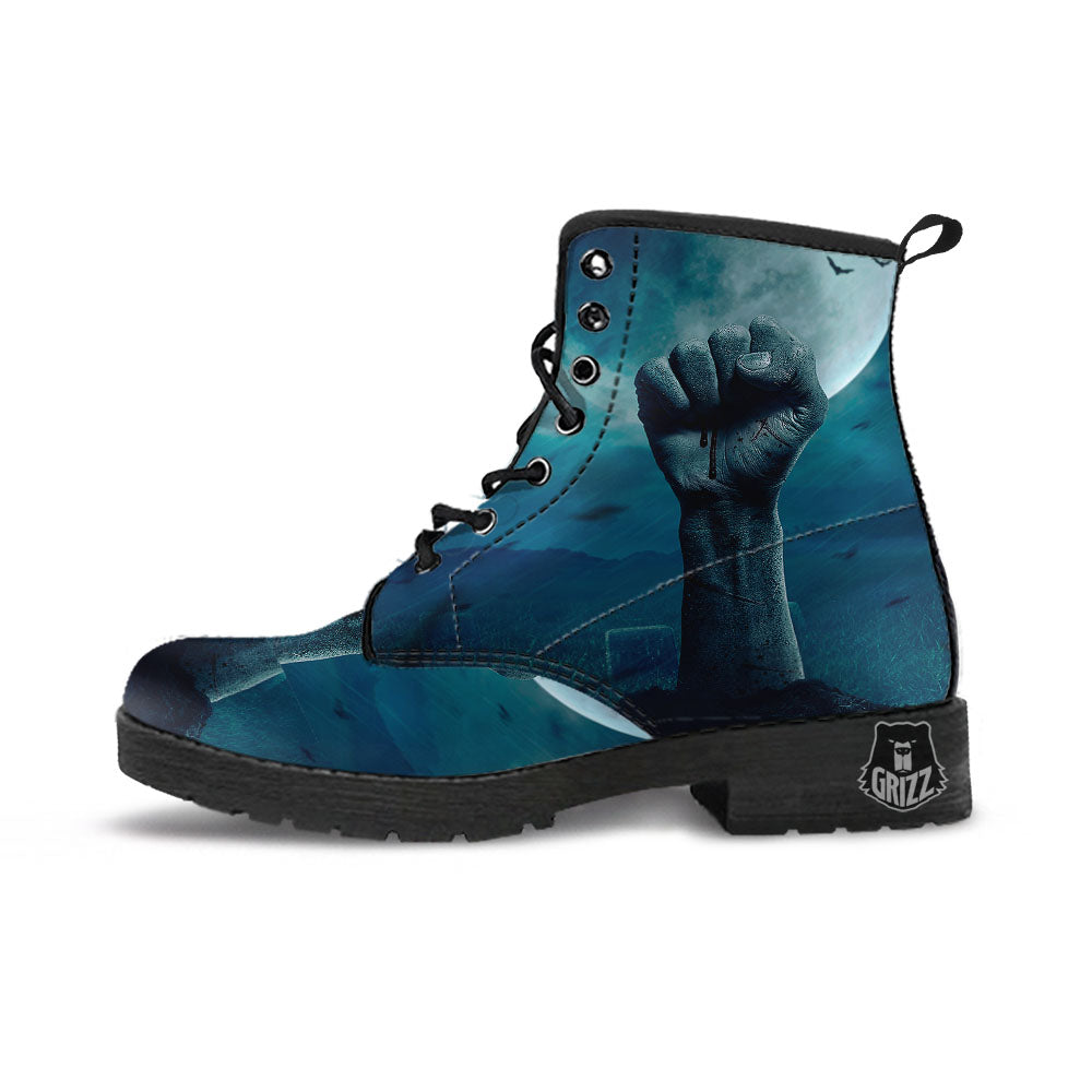 Zombie Hand Rising From Grave Print Leather Boots-grizzshop