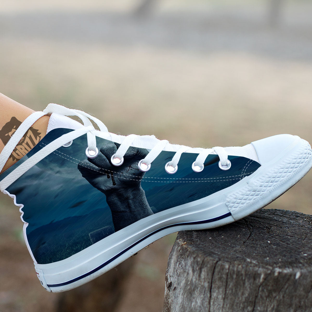 Zombie Hand Rising From Grave Print White High Top Shoes-grizzshop