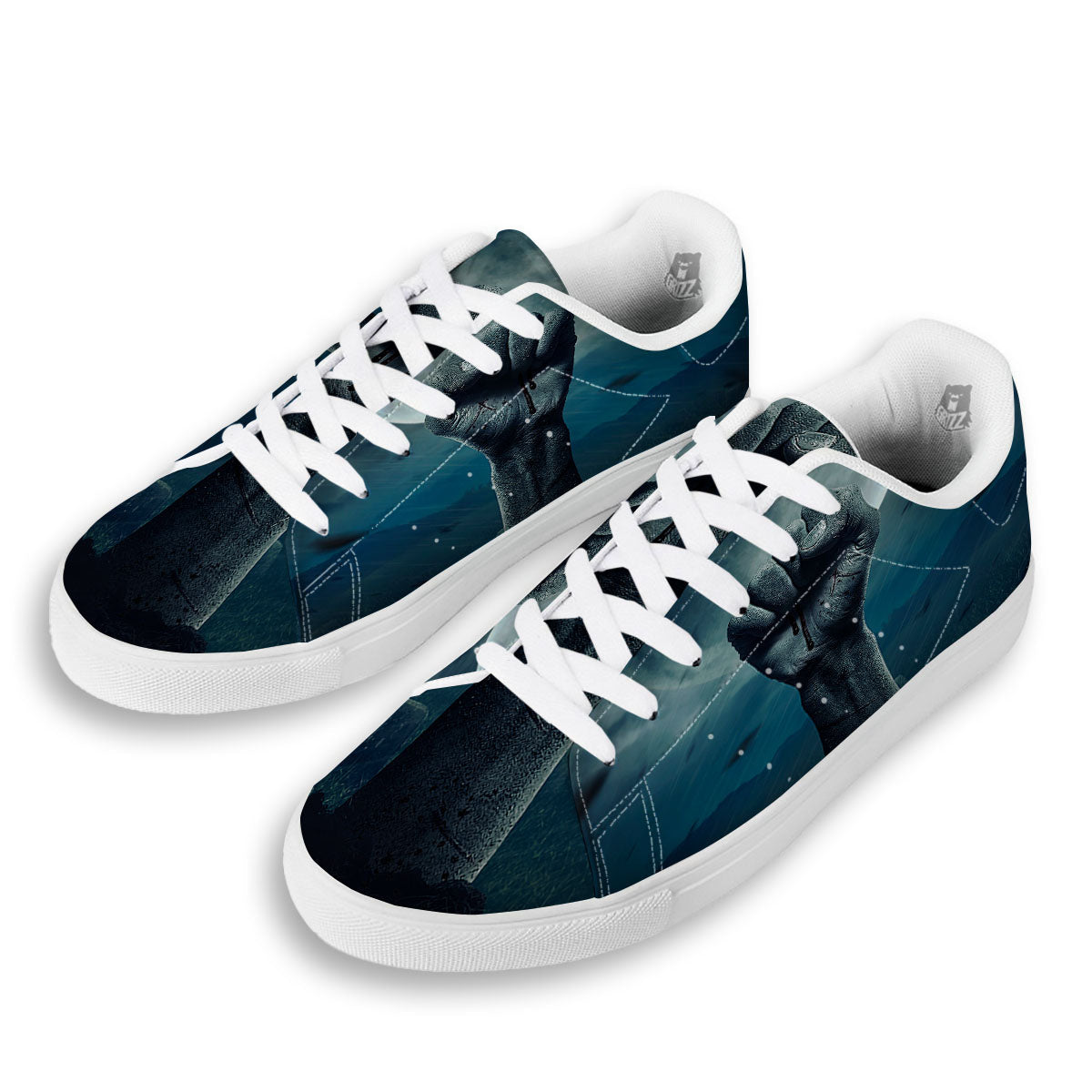 Zombie Hand Rising From Grave Print White Low Top Sneakers-grizzshop