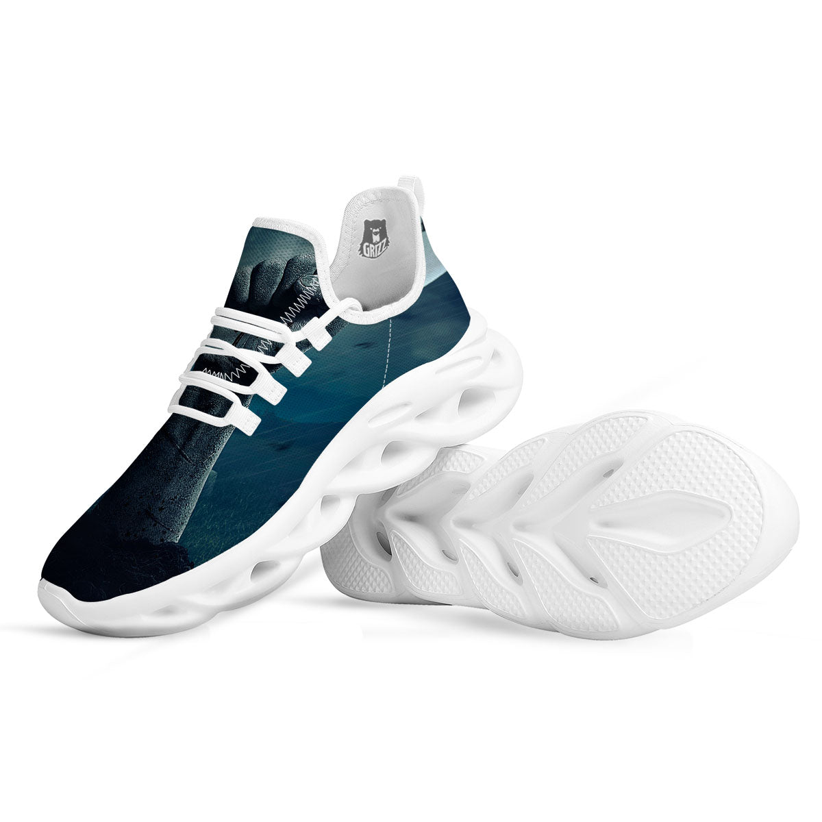 Zombie Hand Rising From Grave Print White Running Shoes-grizzshop