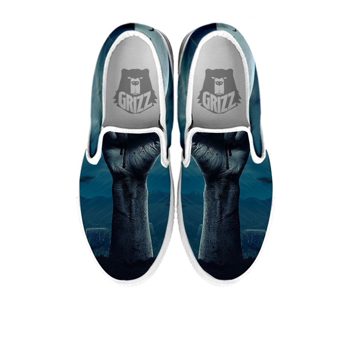 Zombie Hand Rising From Grave Print White Slip On Shoes-grizzshop
