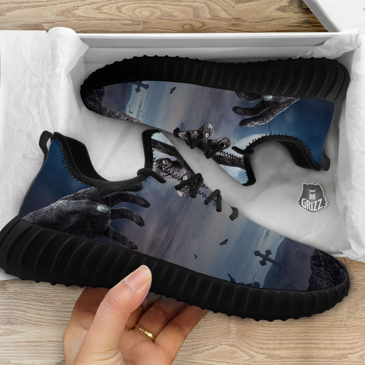 Zombie Hands Halloween Print Black Walking Shoes-grizzshop