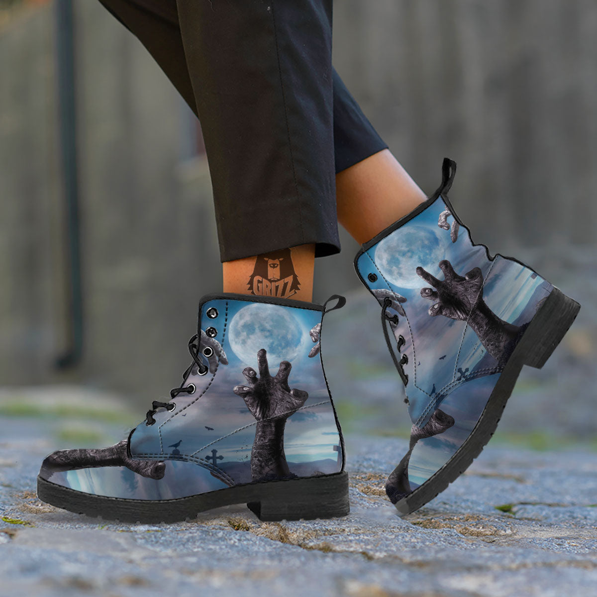 Zombie Hands Halloween Print Leather Boots-grizzshop