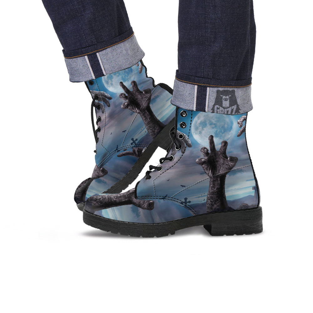 Zombie Hands Halloween Print Leather Boots-grizzshop