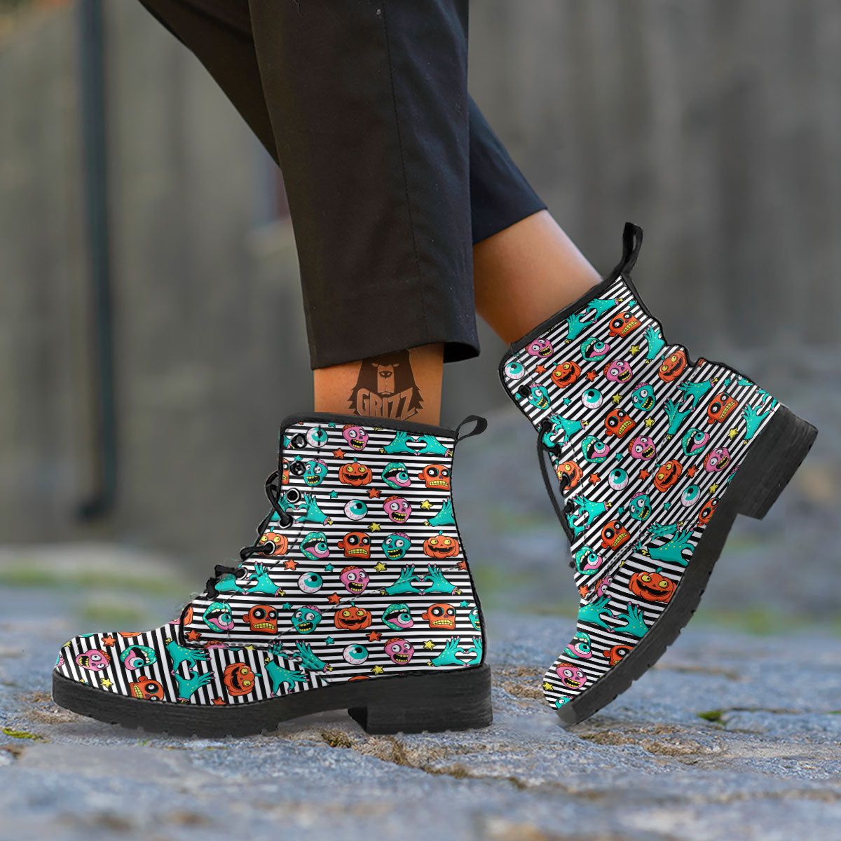 Zombie Striped Halloween Print Pattern Leather Boots-grizzshop