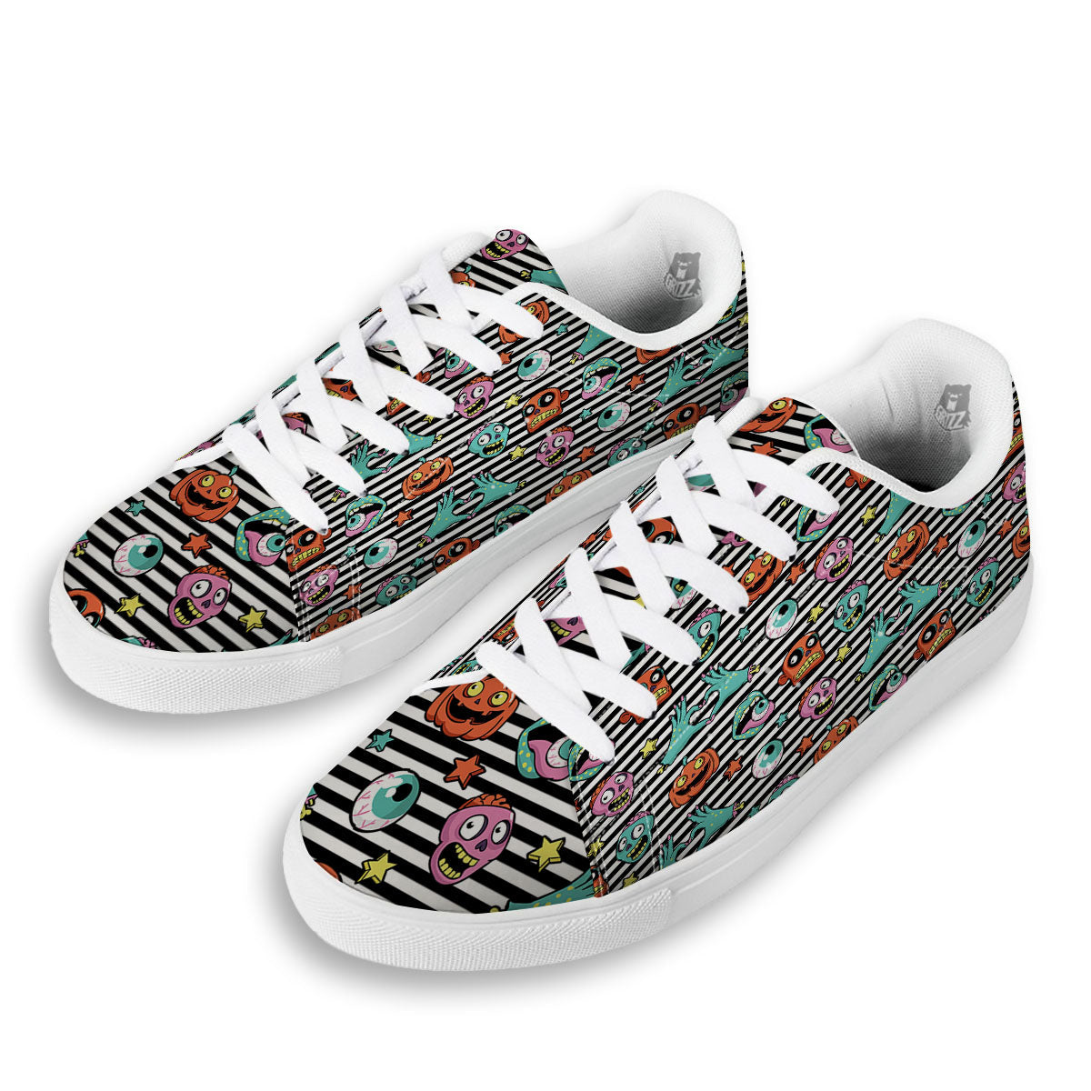 Zombie Striped Halloween Print Pattern White Low Top Sneakers-grizzshop