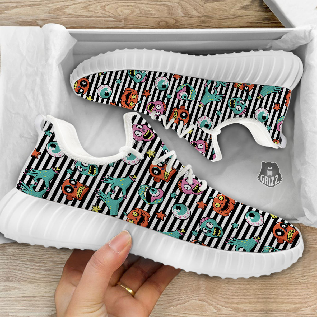 Zombie Striped Halloween Print Pattern White Walking Shoes-grizzshop