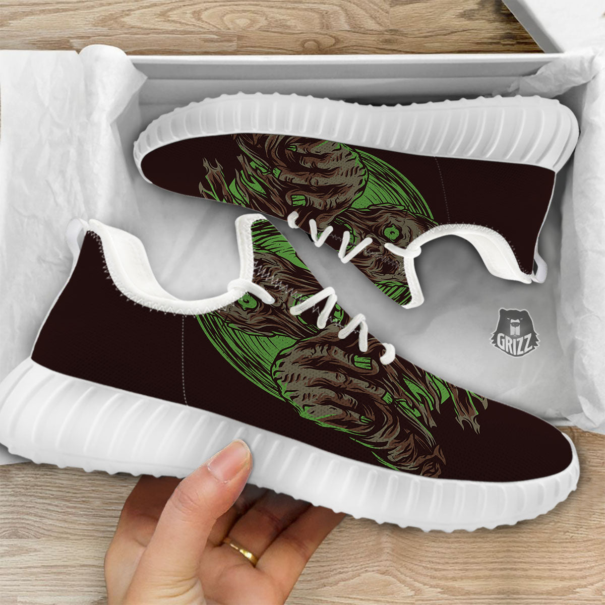 Zombie Walking Green Print White Walking Shoes-grizzshop