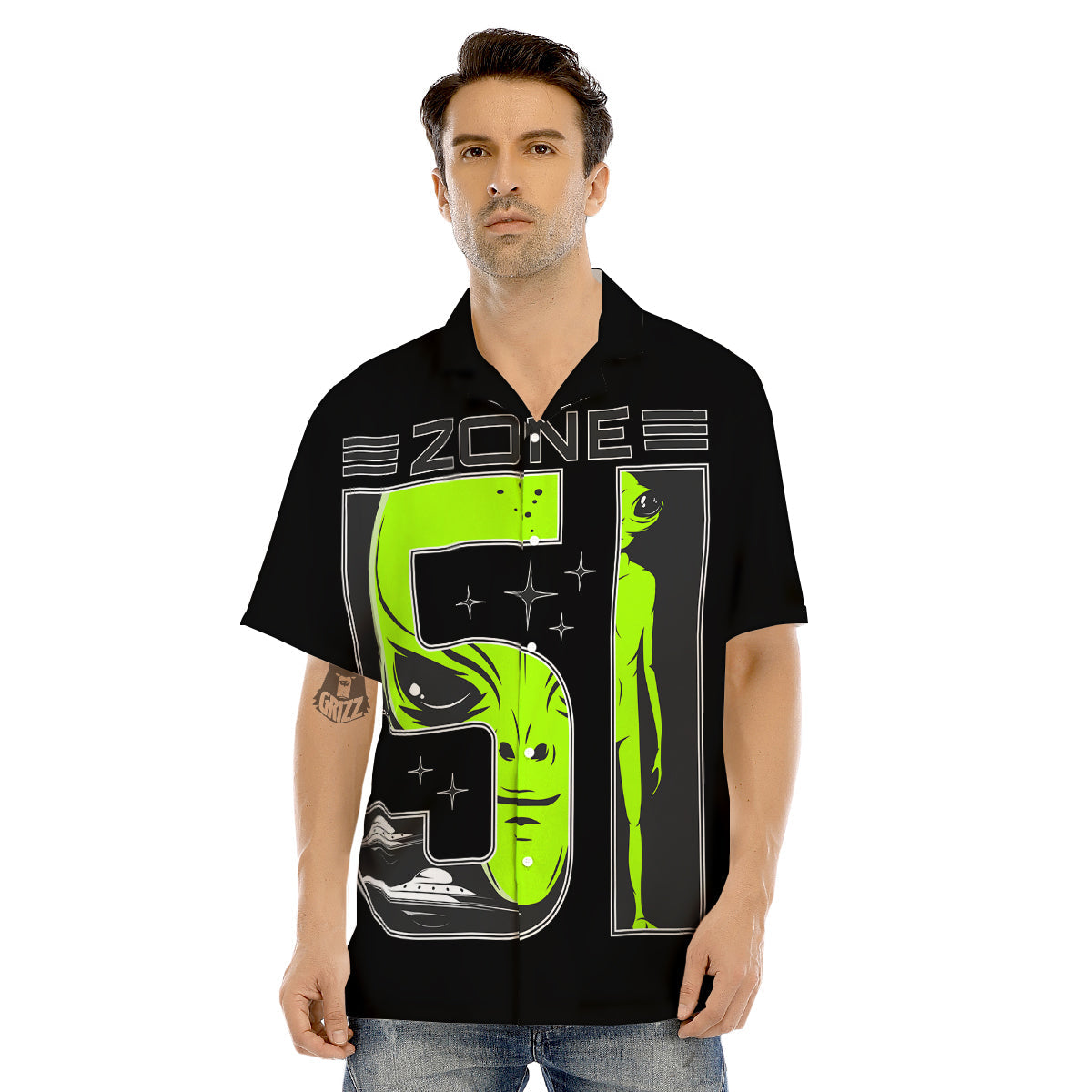 Zone 51 Alien And UFO Print Men's Hawaiian Shirt-grizzshop