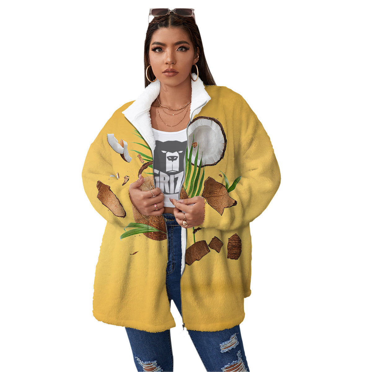 3D Coconut Print Women's Sherpa Jacket-grizzshop