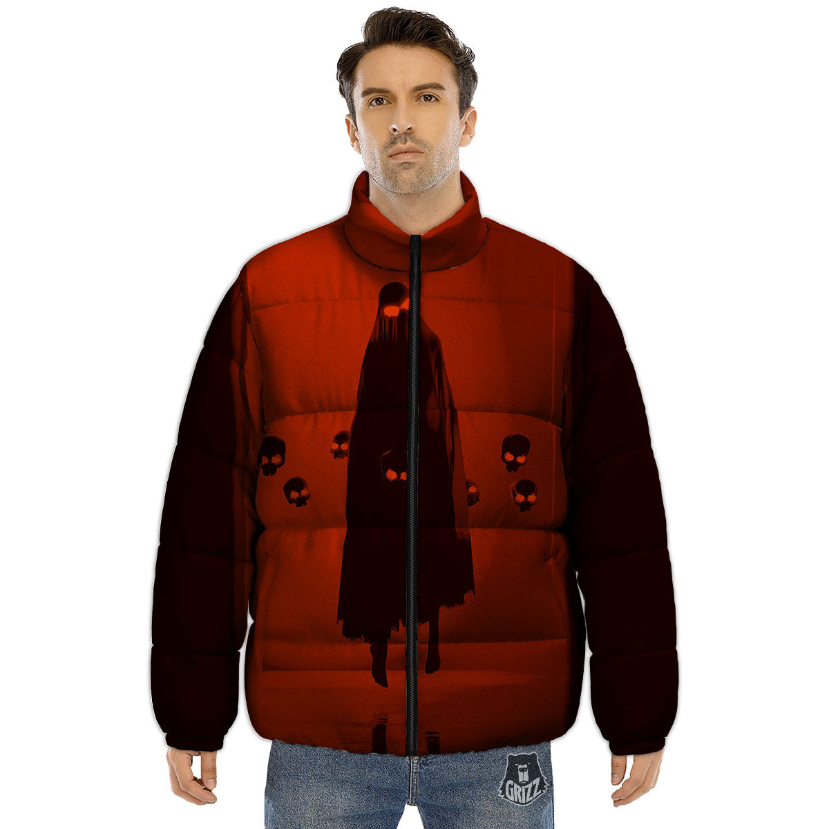 3D Ghost In The Darkness Print Puffer Jacket-grizzshop