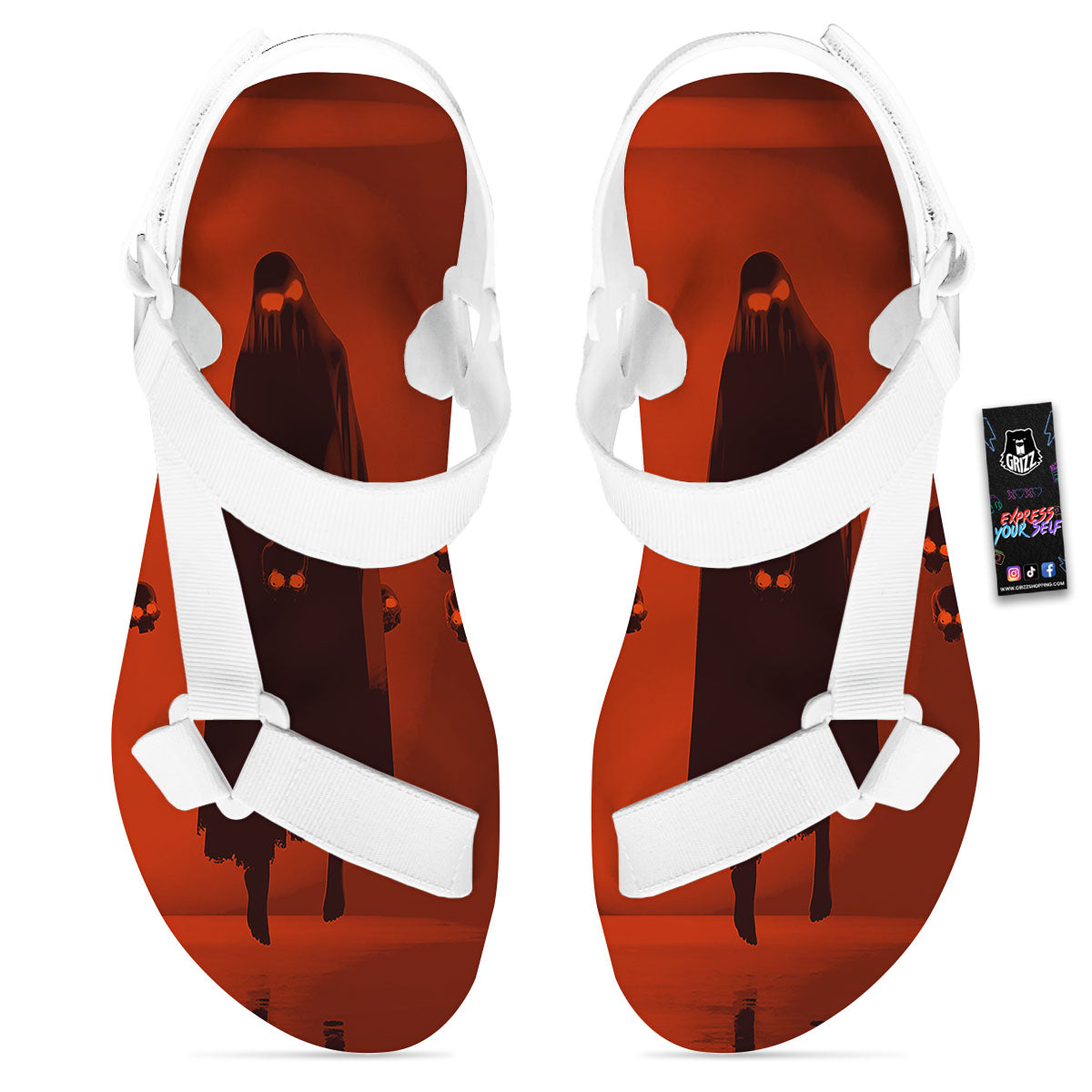 3D Ghost In The Darkness Print White Open Toe Sandals-grizzshop