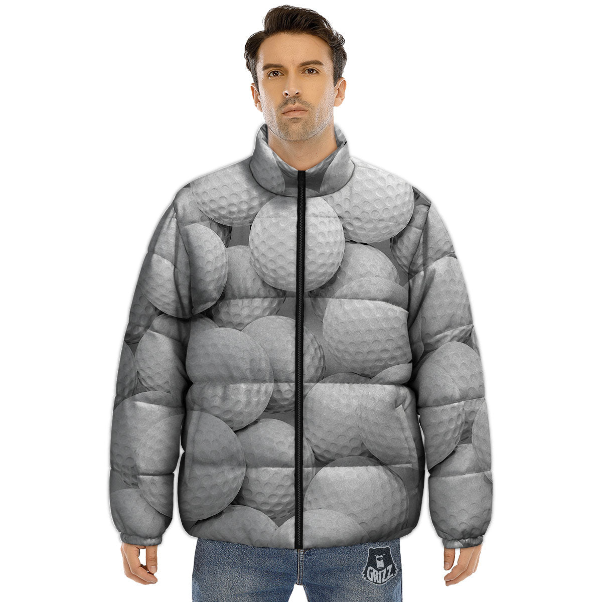 3D Golf Ball Print Puffer Jacket-grizzshop