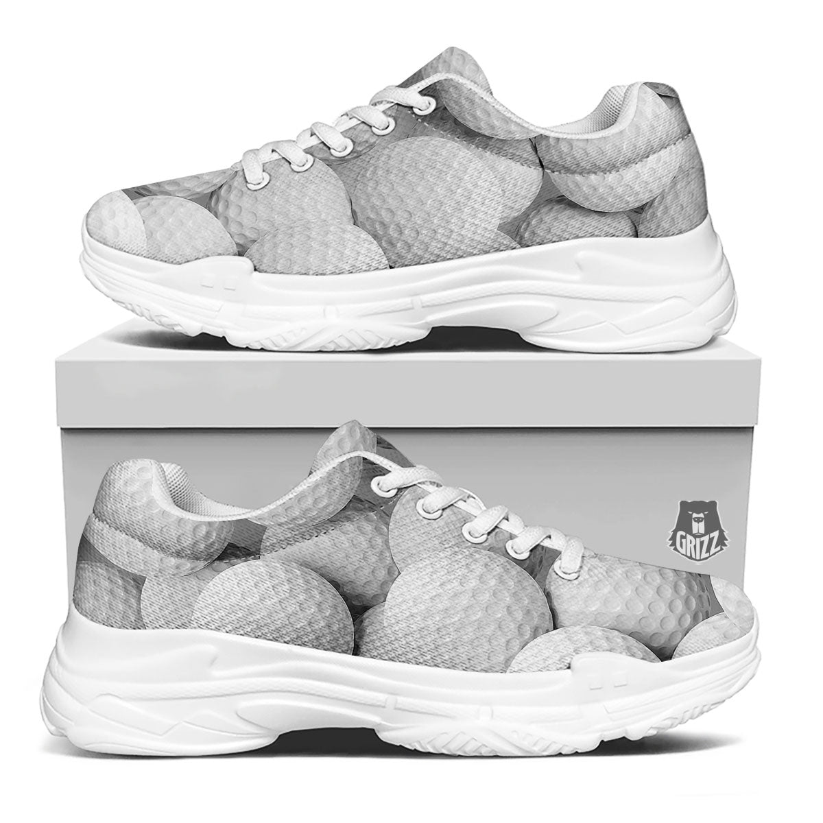 3D Golf Ball Print White Chunky Shoes-grizzshop