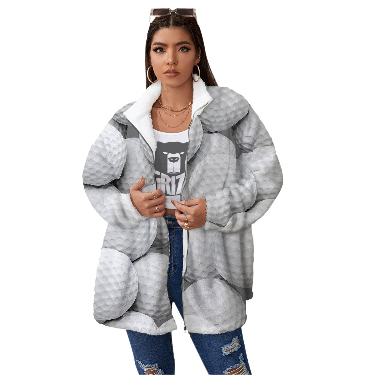 3D Golf Ball Print Women's Sherpa Jacket-grizzshop
