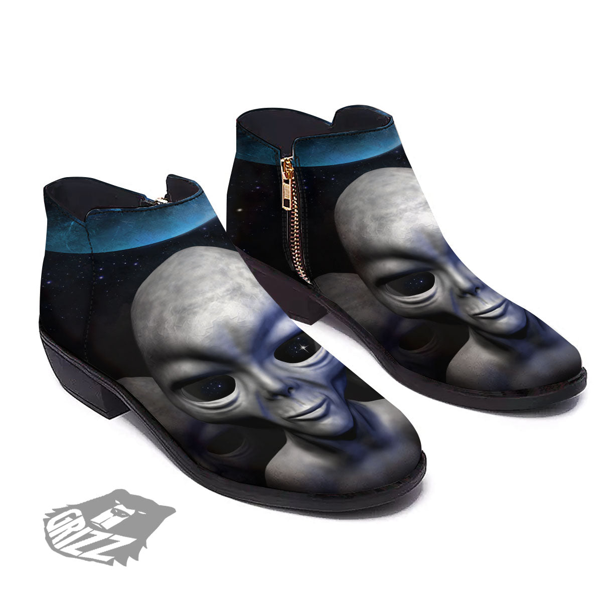 3D Grey Alien Print Ankle Boots-grizzshop