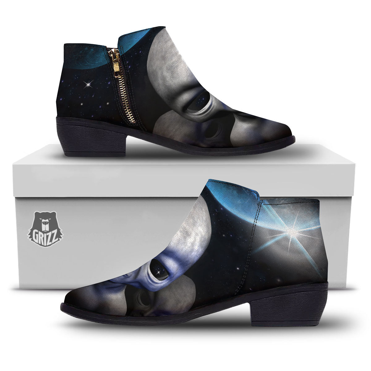 3D Grey Alien Print Ankle Boots-grizzshop
