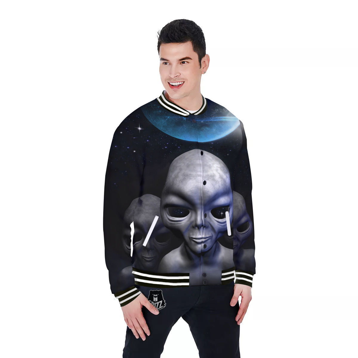 3D Grey Alien Print Baseball Jacket-grizzshop