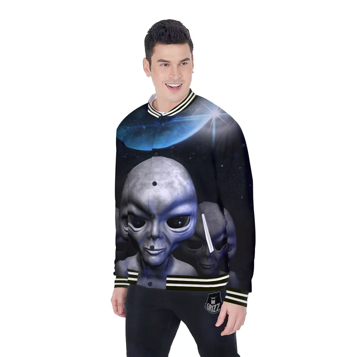 3D Grey Alien Print Baseball Jacket-grizzshop