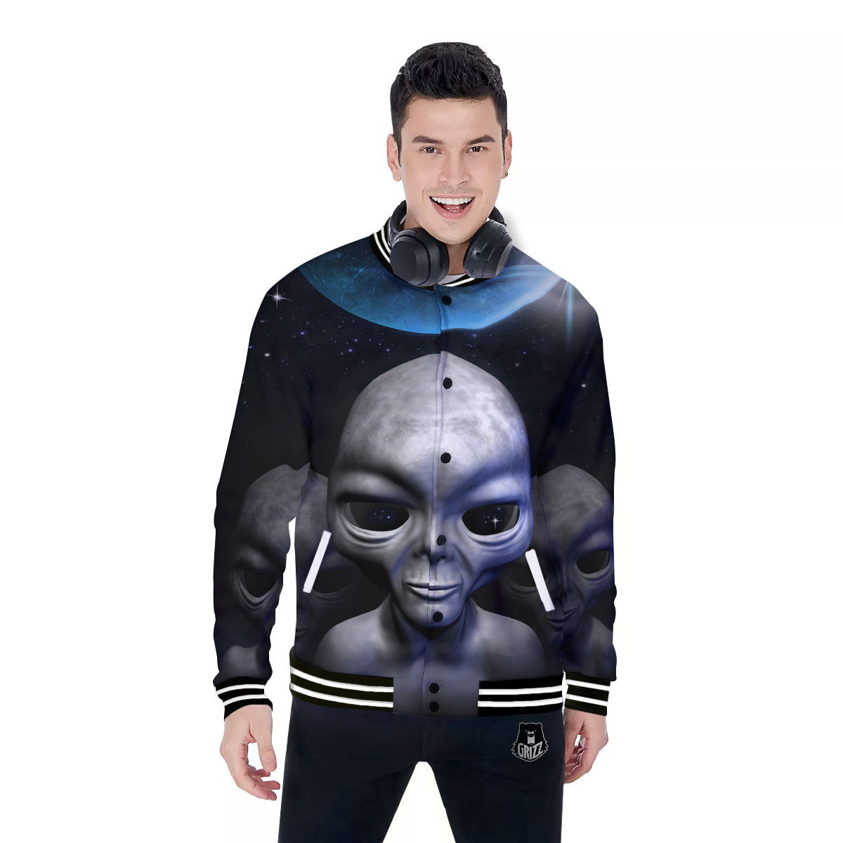 3D Grey Alien Print Baseball Jacket-grizzshop