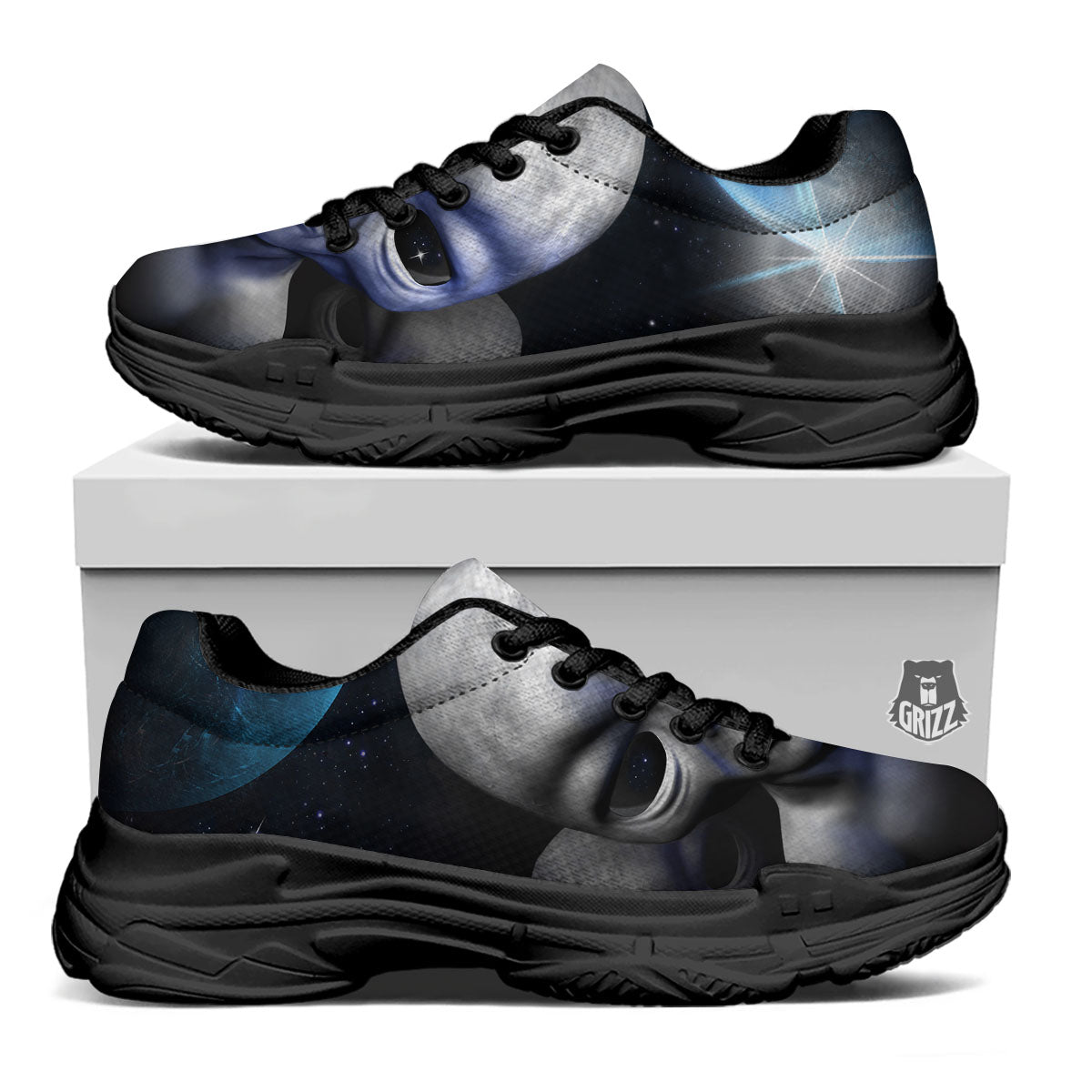 3D Grey Alien Print Black Chunky Shoes-grizzshop
