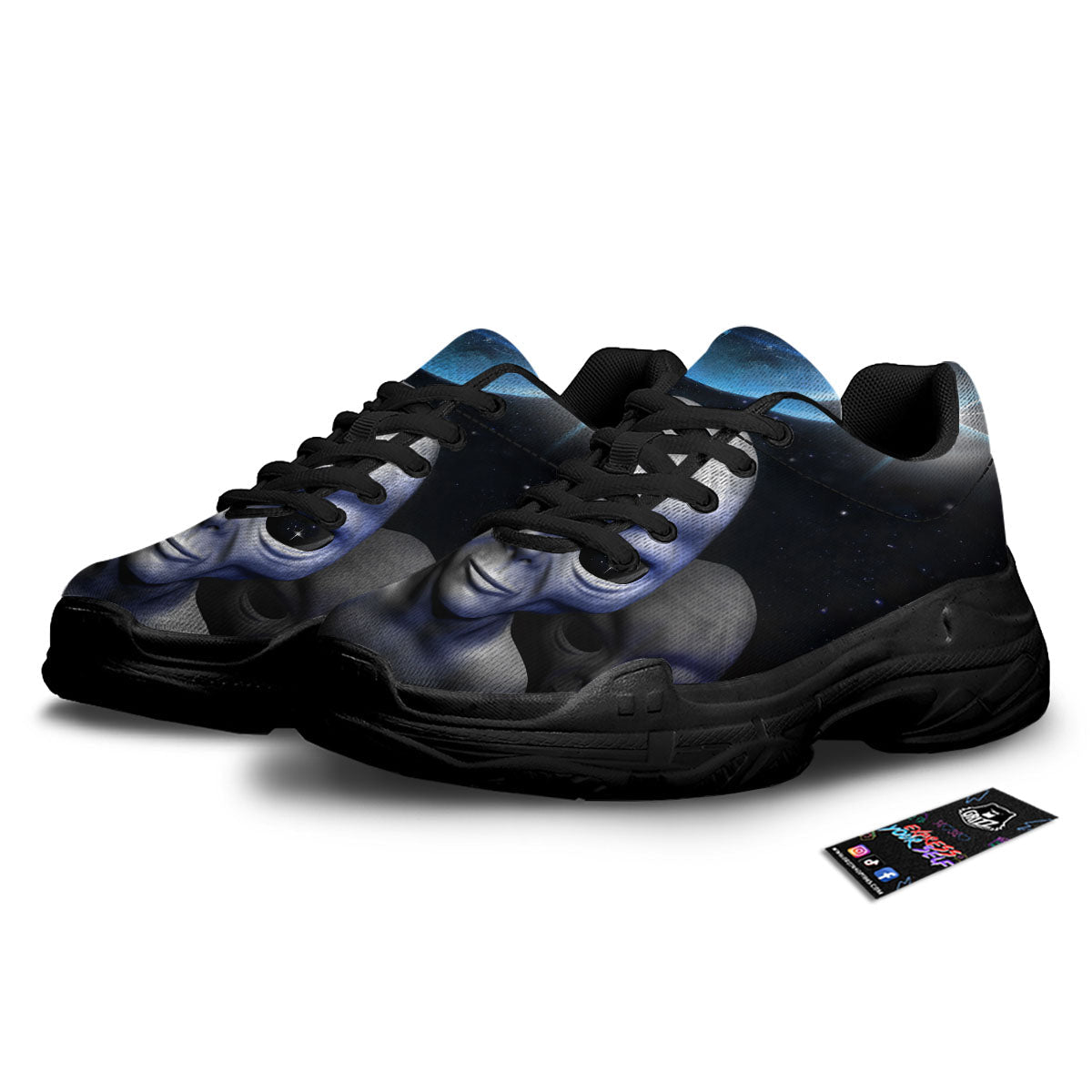 3D Grey Alien Print Black Chunky Shoes-grizzshop