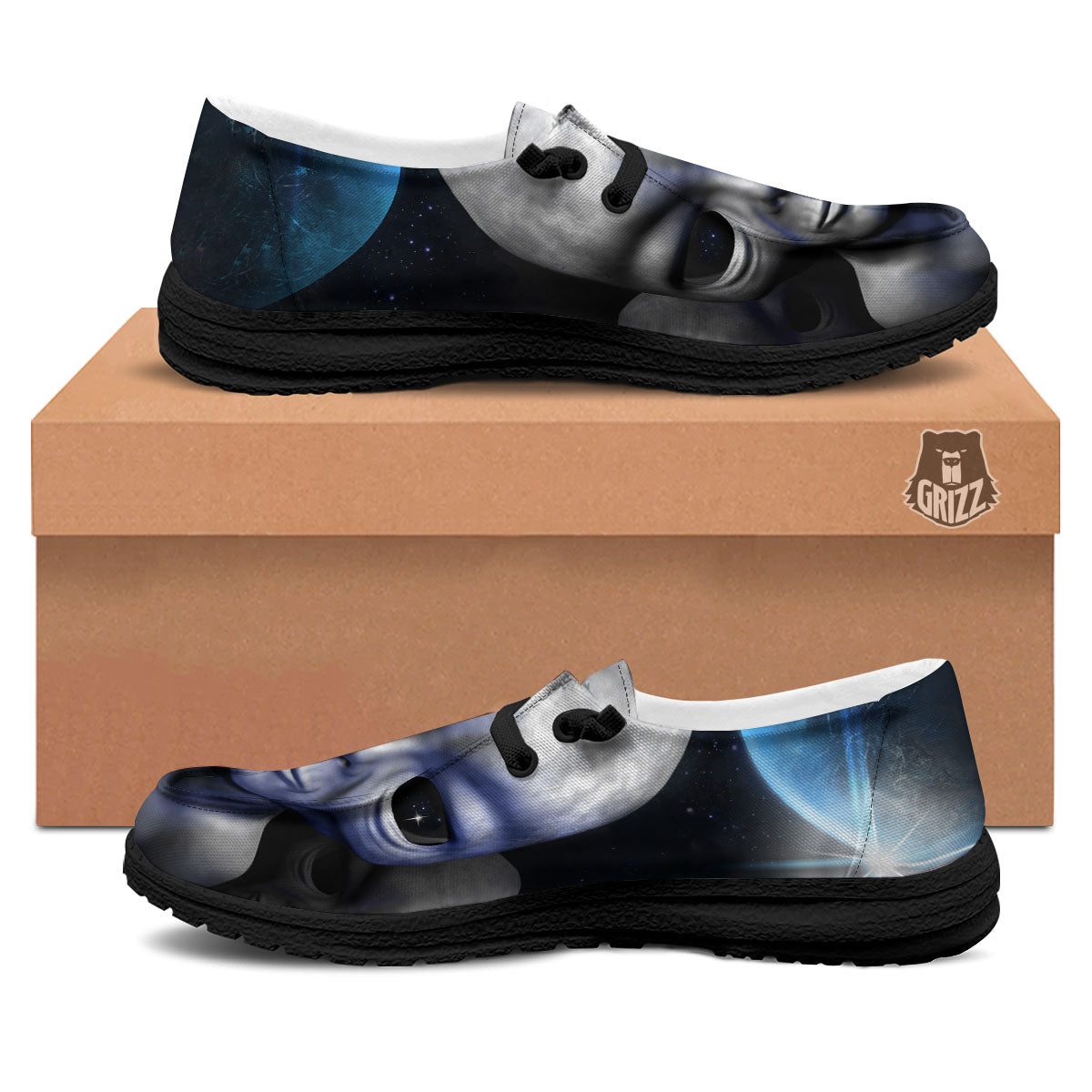 3D Grey Alien Print Black Loafers-grizzshop