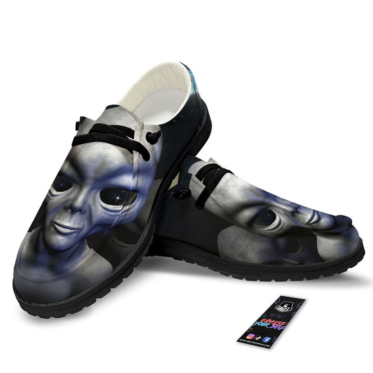 3D Grey Alien Print Black Loafers-grizzshop