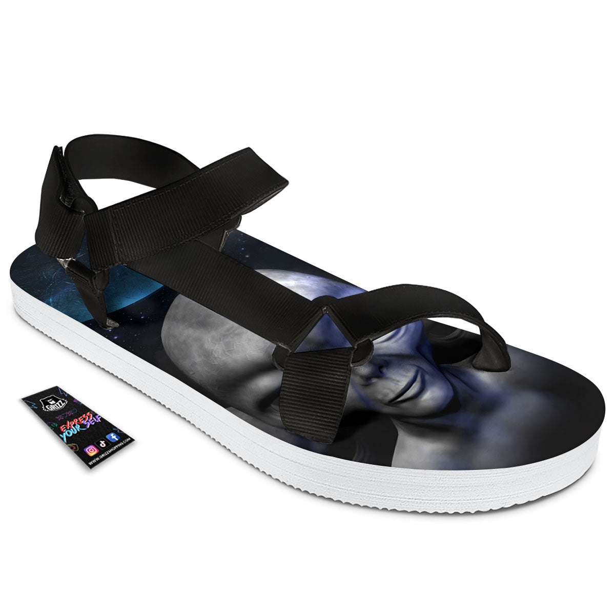 3D Grey Alien Print Black Open Toe Sandals-grizzshop