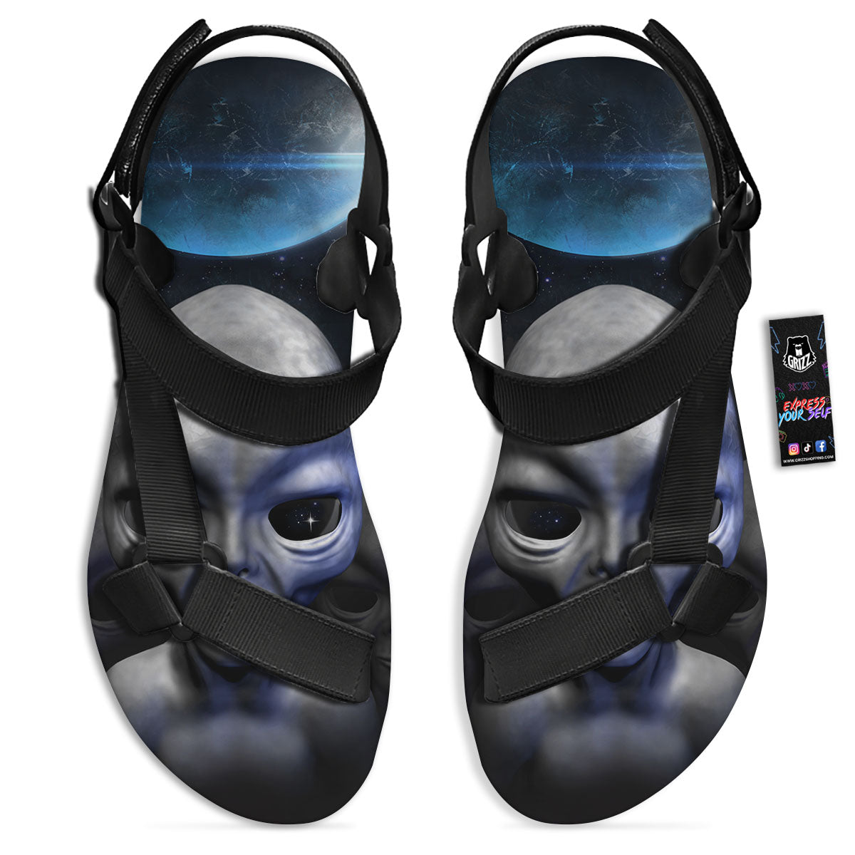 3D Grey Alien Print Black Open Toe Sandals-grizzshop