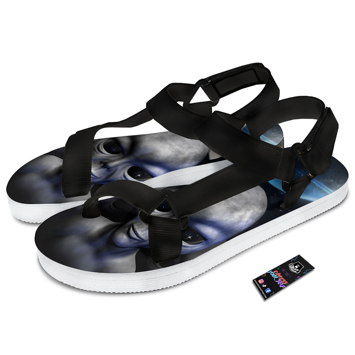 3D Grey Alien Print Black Open Toe Sandals-grizzshop