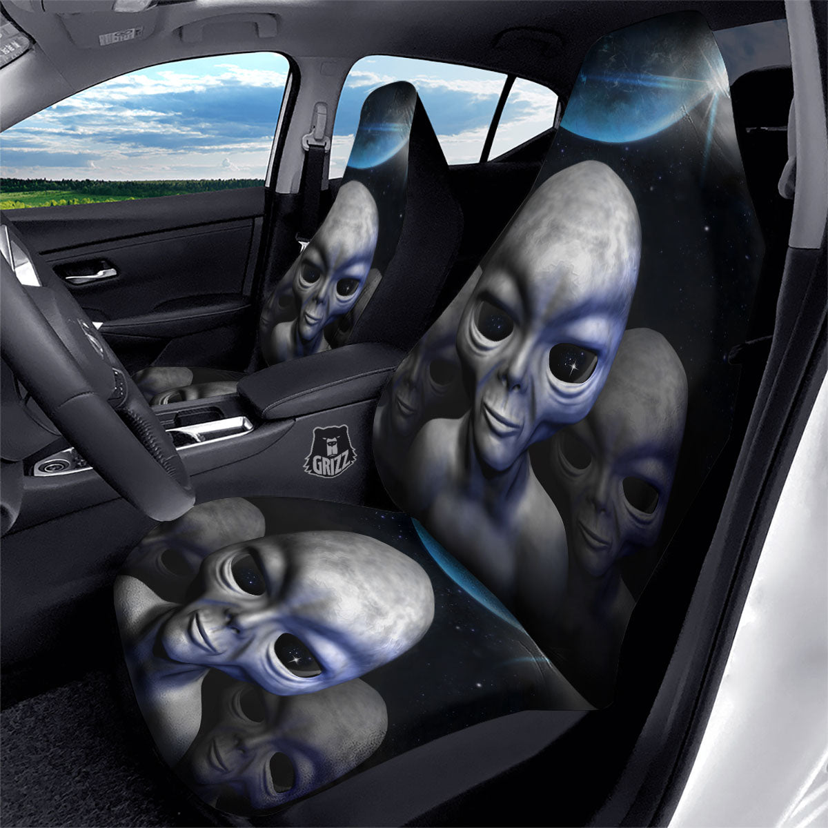 3D Grey Alien Print Car Seat Covers-grizzshop
