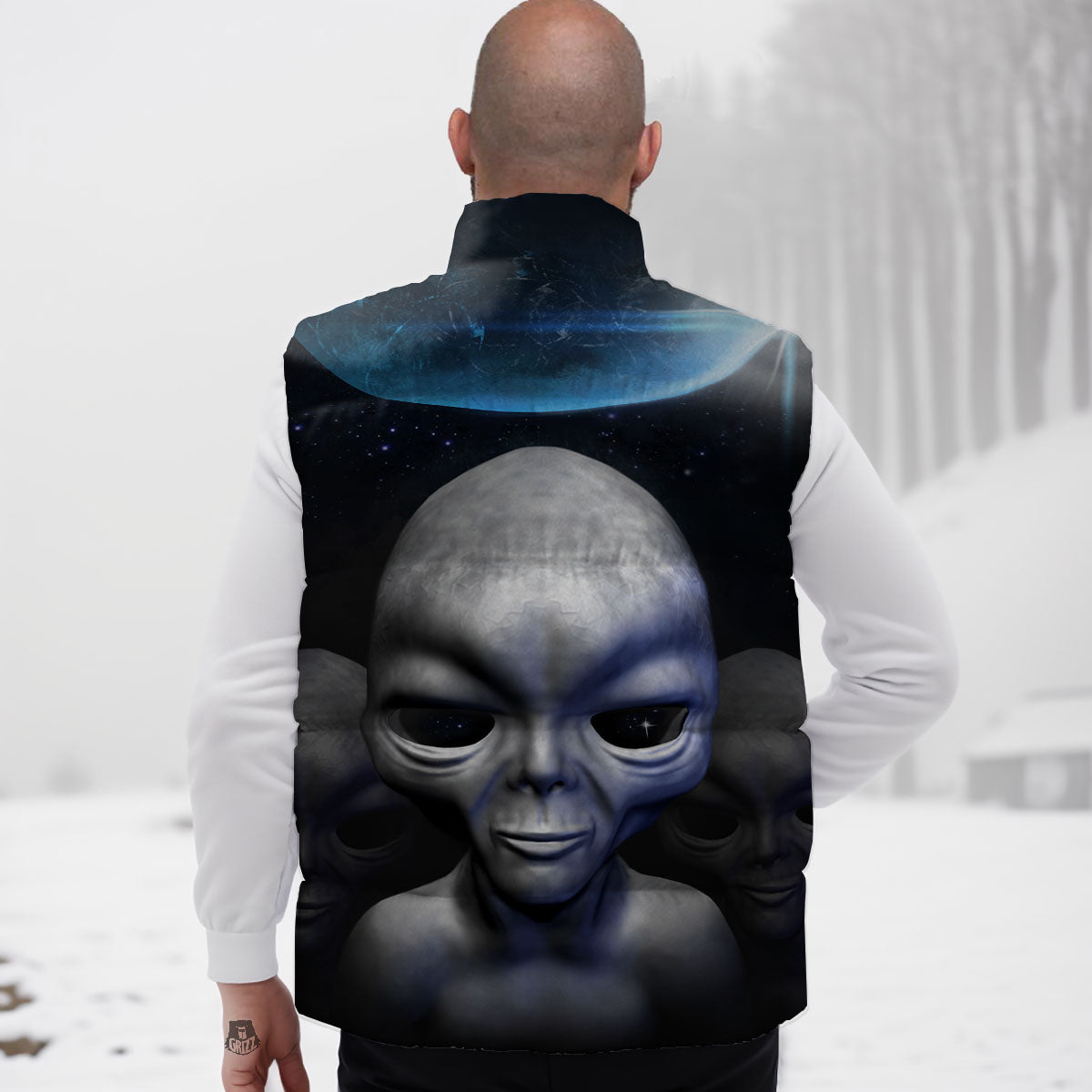 3D Grey Alien Print Down Vest