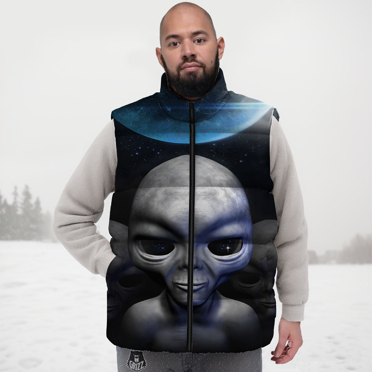 3D Grey Alien Print Down Vest