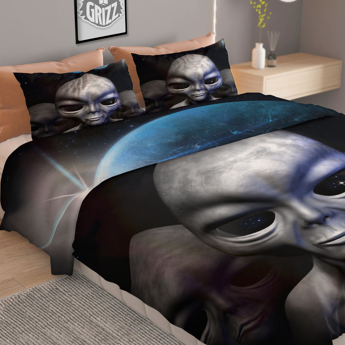 3D Grey Alien Print Duvet Cover Bedding Set