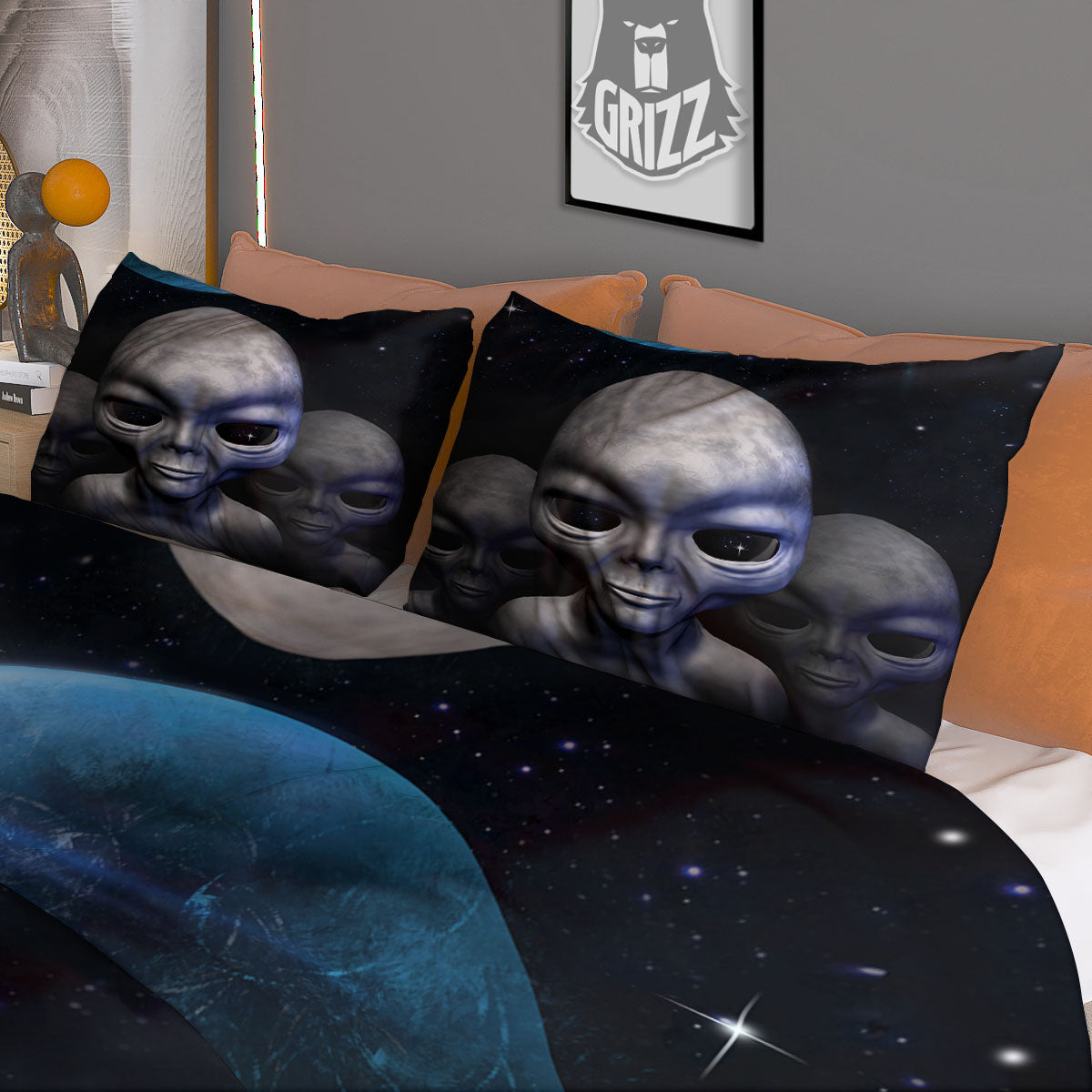 3D Grey Alien Print Duvet Cover Bedding Set