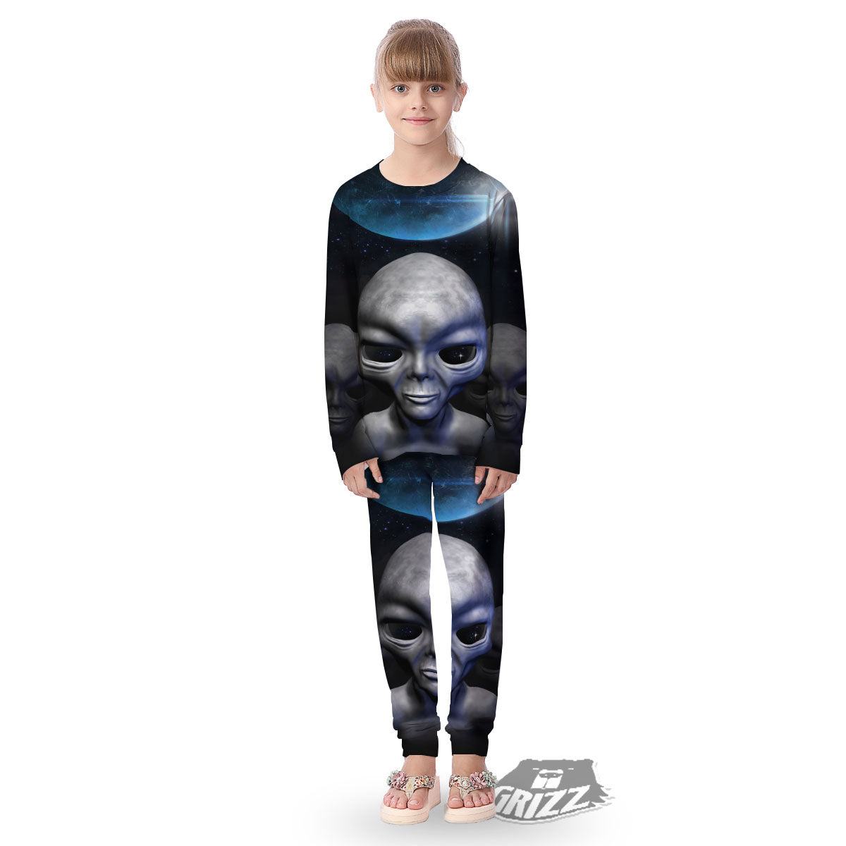 3D Grey Alien Print Kid's Pajamas-grizzshop