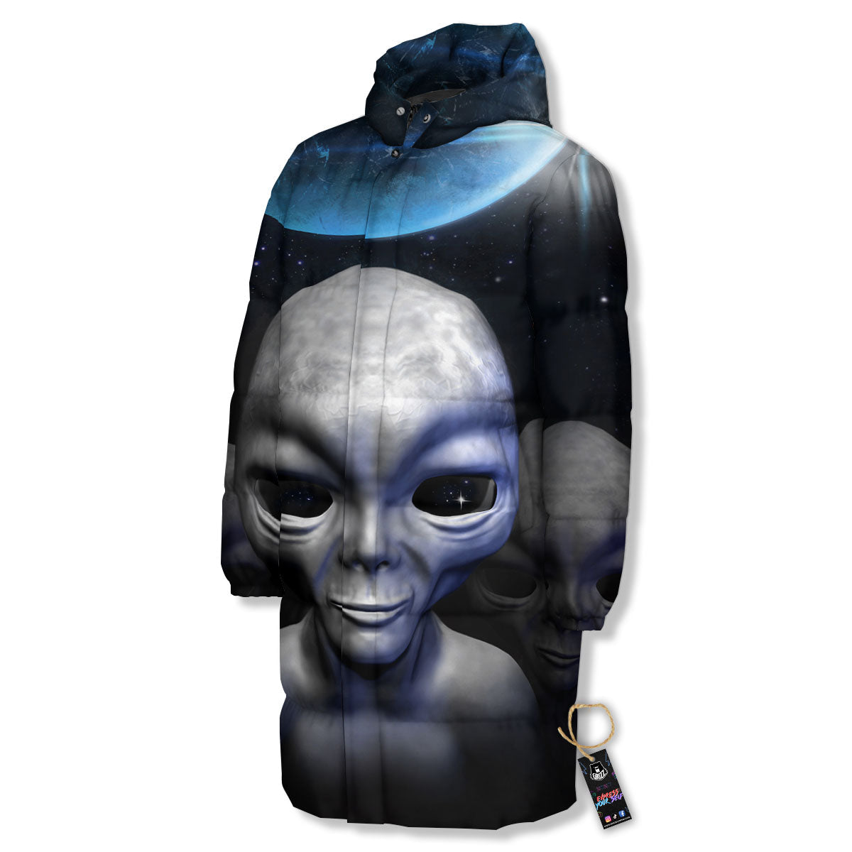 3D Grey Alien Print Long Down Jacket-grizzshop